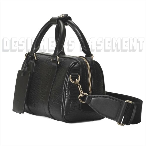 GUCCI black Calf TENNIS perforated GG Embossed Mini Duffle BOSTON strap Bag + π - Picture 6 of 10